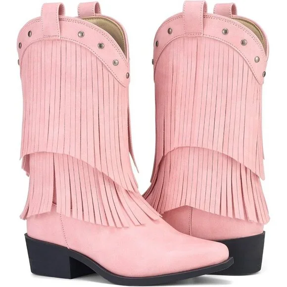 Girls Pink Cowgirl Boots Fringe Western Snip Toe Cowboy Boots for Kids Stylish - Picture 4 of 6